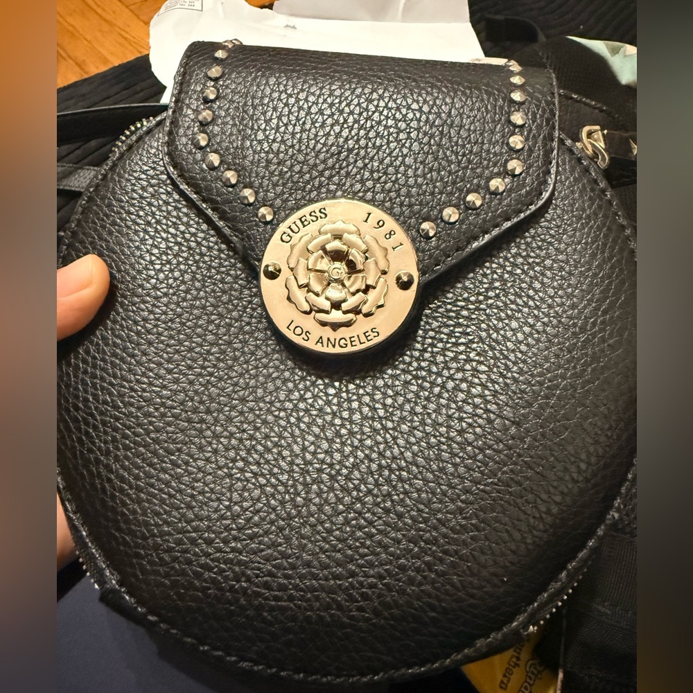 Guess Black Round Crossbody with Gold Emblem